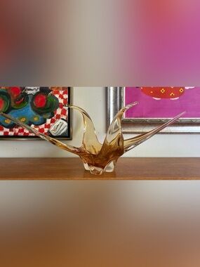 Large Chalet Canada Honey Amber Art Glass Centerpiece Bowl 24” Wide MCM Vintage